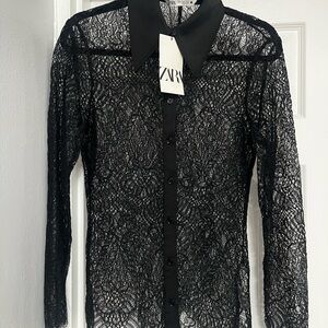 Zara Black Sheer Lace Button-Down Shirt
